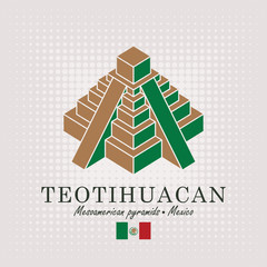 Vector travel banner. Schematic drawing of the mesoamerican pyramids in Mexico with the inscription and the mexican flag on abstract background