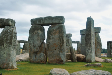 SALISBURY, ENGLAND - AUGUST 02, 2013: Closeup view of a ring of standing stones at Stonehenge, Wiltshire, on cloudy day.