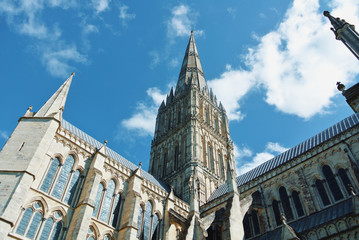 LONDON, ENGLAND - AUGUST 02, 2013: View of Salisbury cathedral church of the Blessed Virgin Mary. Example of early english gothic architecture.