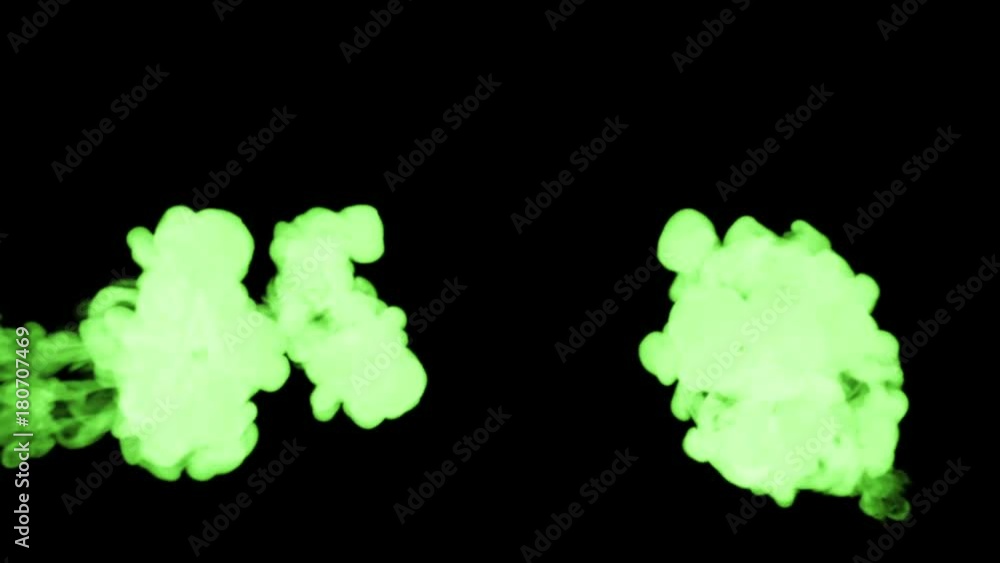 Poster fluorescent bright green tint react in water , many drops ink . this is 3d render shot in slow motio