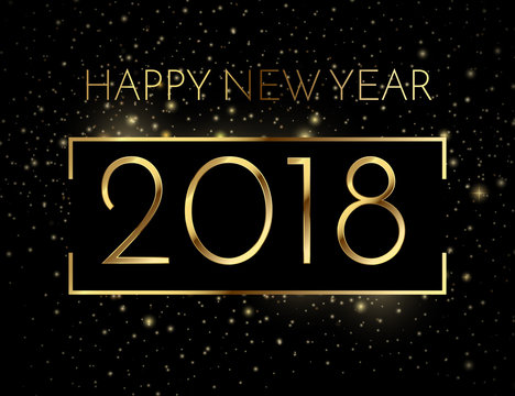 2018 happy new year a beautiful gold illustration on a black background with bokeh and ligthing flare effect and golden frame, vector eps10