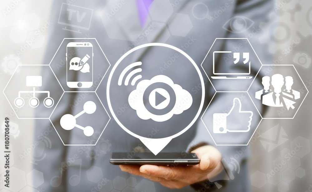 Poster live streaming social network connection concept. businessman offers smart phone with icon cloud pla