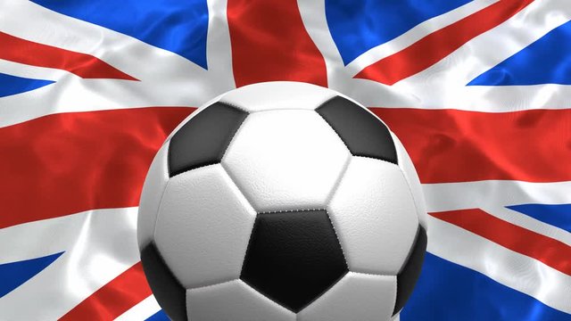 Looping 3D animation of the textured soccer ball against the national flag of the United Kingdom of Great Britain and Northern Ireland