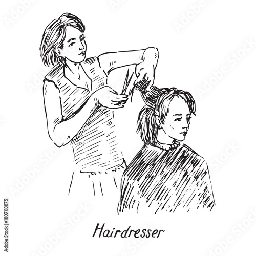 Hairdresser At Work Hold Scissors And Prepare To Cut Hair Hand Hairdresser At Work Hold Scissors And Prepare To Cut Hair Hand Drawn Doodle