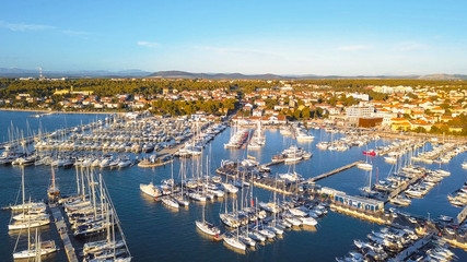 Aerial View of Yacht Club and Marina in Croatia, 4K. Biograd na moru