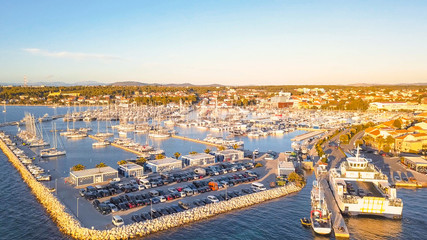 Fototapeta premium Aerial View of Yacht Club and Marina in Croatia, 4K. Biograd na moru
