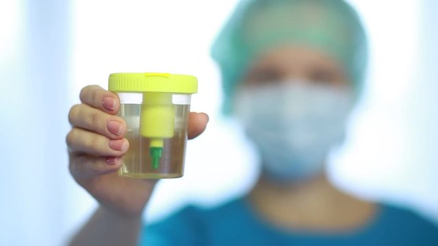  Container with urine in the doctor's hand. Medical urine test. 