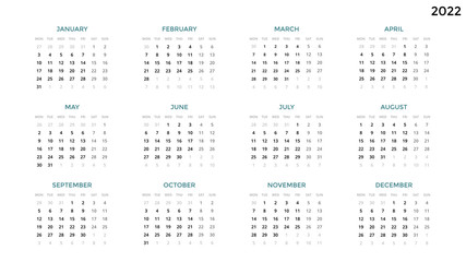 Calendar infographic, table chart, presentation chart. Business period concept. Task manager. Week, month. 2022 year. Time management. Organizer date diary. First day Monday.