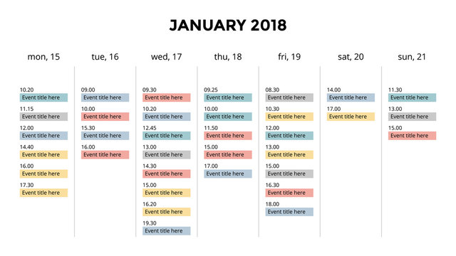Calendar infographic, table chart, presentation chart. Business period concept. Task manager. Day, week, month. 2018 year. Time management. Organizer date diary. First day Monday.