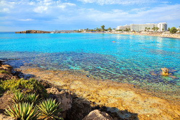 View of turquoise water Nissi beach in Aiya Napa, Cyprus. Ayia Napa coastline.