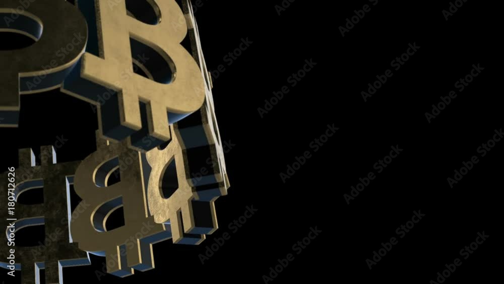 Poster ring of bitcoins rotates around the axis. 3d animated seamless loop.