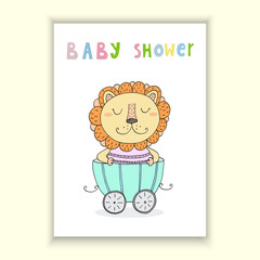 Baby Shower card design. Cute hand drawn card with lion In the trailer. Printable template