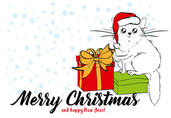 Cute white cat on Christmas background. White cat in a santa hat sits on gift boxes and is played with a bow.