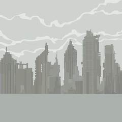 Fototapeta na wymiar cartoon gray city of dilapidated skyscrapers in the fog