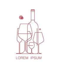 Icon, logo for wine list, tasting, restaurant menu. A set of wine glasses and a bottle of wine. Modern linear style. Vector illustration.
