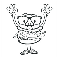 Cute and funny hipster hamburger with eyeglasses and mustache, black and white version for coloring book, vector illustration isolated on white background