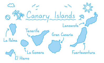 Canary islands map hand drawing doodle outline blue isolated travelling concept