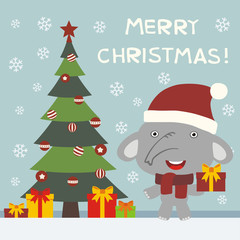 Merry Christmas! Cute elephant with gift near the Christmas tree. Greeting card with funny elephant in cartoon style.