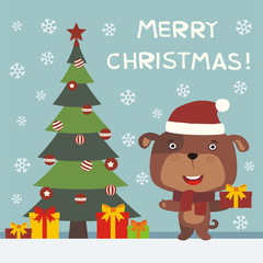 Naklejka premium Merry Christmas! Cute puppy dog with gift near the Christmas tree. Greeting card with puppy dog in cartoon style.