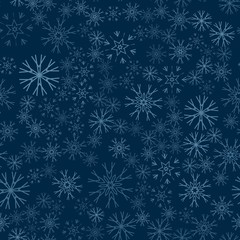 Fototapeta na wymiar Seamless pattern with abstract snowflakes on dark blue background. Chaotic, random, scattered winter motives. Vector illustration.