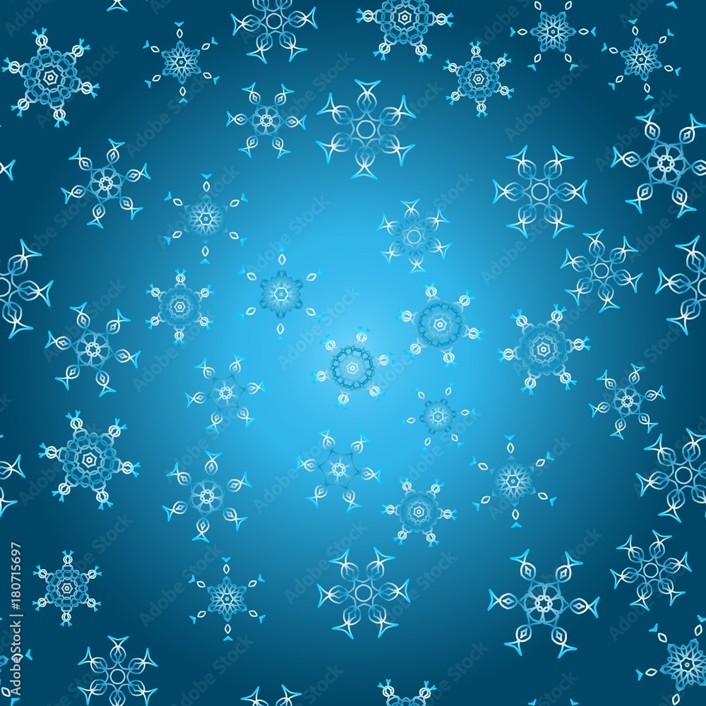 Wall mural Seamless pattern with abstract colorful snowflakes on blue background. Chaotic, random, scattered winter motives. Vector illustration.