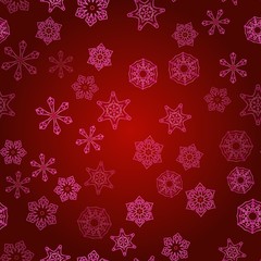 Seamless pattern with abstract snowflakes on red background. Chaotic, random, scattered winter motives. Vector illustration.