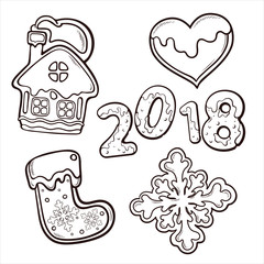 Cute and beautiful line art set of cookies for New Year and Christmas holidays, vector illustration isolated on white background