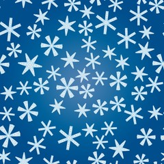 Seamless pattern with abstract colorful snowflakes on blue background. Chaotic, random, scattered winter motives. Vector illustration.