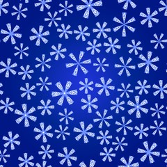 Seamless pattern with abstract colorful snowflakes on blue background. Chaotic, random, scattered winter motives. Vector illustration.