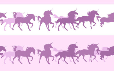 running fairy tale unicorn horses herd - seamless silhouette vector border