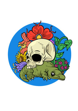 A skull on a lizard with flowers. Vector illustration