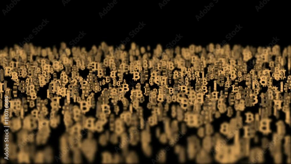 Poster falling in the digital space of bitcoins. twitching up and down. cinematic background. 3d animation.