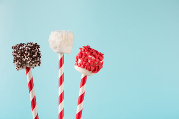 Sweet chewy marshmallow on straw decorated with melted chocolate and cake sprinkles on blue. Copy...