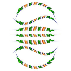 Naklejka premium Set flat Indian twisted ribbons. Tricolors. In the form of garlands. Isolated on white. Beautiful decoration. Serpentine stripe. Round frame for text. Template for presentations.