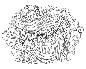 Cartoon cute doodles hand drawn Germany country, vector illustration isolated on white background, line art style 