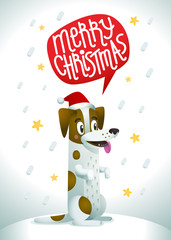 Cute dog in Santa Claus red hat with speech bubble saying Merry Christmas. Stylish jack russell terrier dog on the background of a snowflakes. Simbol of the 2018 year.