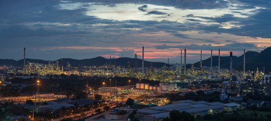 Beautiful sunset  petrochemical oil refinery factory plant cityscape of Chonburi province at night  , landscape Thailand