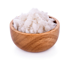 Sea salt in wooden bowl on white background