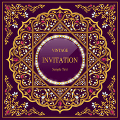 Wedding Invitation card templates with gold patterned and crystals on background color. 