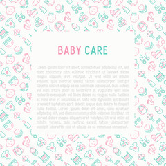 Baby care concept with thin line icons: newborn, diaper, pacifier, crib, footprints, bathtub with bubbles. Vector illustration for banner, web page, print media with place for text.