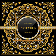 Wedding Invitation card templates with gold patterned and crystals on background color. 