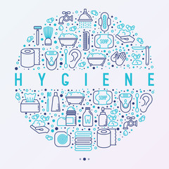 Hygiene concept in circle with thin line icons: hand soap, shower, bathtub, toothpaste, razor, shaving brush, sanitary napkin, comb, ball deodorant, mouth rinse. Vector illustration.