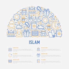 Fototapeta na wymiar Islamic concept with thin line icons: mosque, carpet, rosary, prayer, koran, moslem. Modern vector illustration, template for web page.