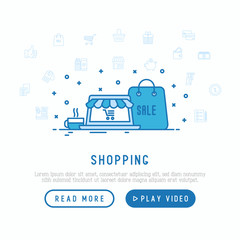 Shopping, e-commerce concept with thin line icons: cashbox, payment, pos terminal, piggy bank, sale, currency, credit card, trolley. Vector illustration, template for web page.