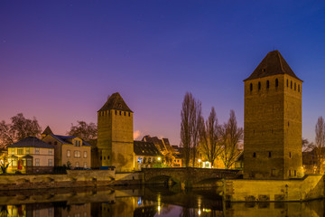 Ponts Couverts and barrage Vauban, night scene of Strasbourg