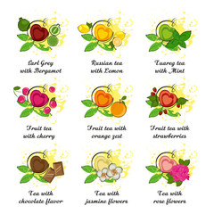 Set of leaf tea with different flavors in cup in shape of heart on white background. International Tea Day in December 15. Vector illustration