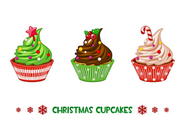 Vector Cartoon cupcakes Merry Christmas on white background
