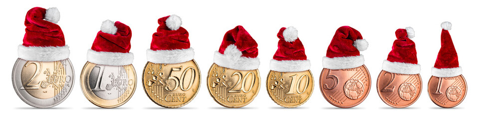 Weihnachtsgeld euro münzen mit weihnachtsmütze set sammlung isoliert weiß hintergrund / Euro...