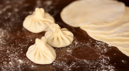 Khinkali is the national dish of Georgian cuisine. Products meat and dough with spices. Selective focus