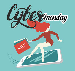 Lettering cyber Monday girl on smartphone in a hurry to shop 